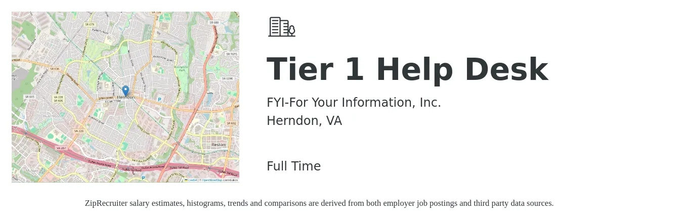 FYI-For Your Information, Inc. job posting for a Tier 1 Help Desk in Herndon, VA with a salary of $20 to $28 Hourly with a map of Herndon location.