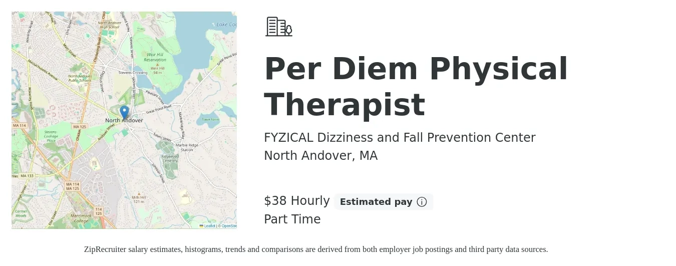 FYZICAL Dizziness and Fall Prevention Center job posting for a Per Diem Physical Therapist in North Andover, MA with a salary of $40 Hourly with a map of North Andover location.