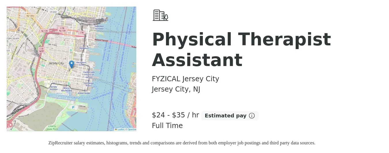 FYZICAL Jersey City job posting for a Physical Therapist Assistant in Jersey City, NJ with a salary of $25 to $37 Hourly with a map of Jersey City location.