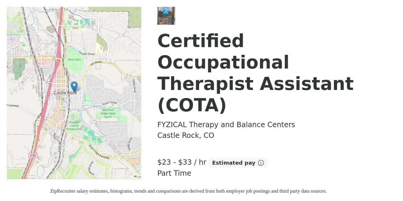 FYZICAL Therapy and Balance Centers job posting for a Certified Occupational Therapist Assistant (COTA) in Castle Rock, CO with a salary of $35 to $45 Hourly with a map of Castle Rock location.