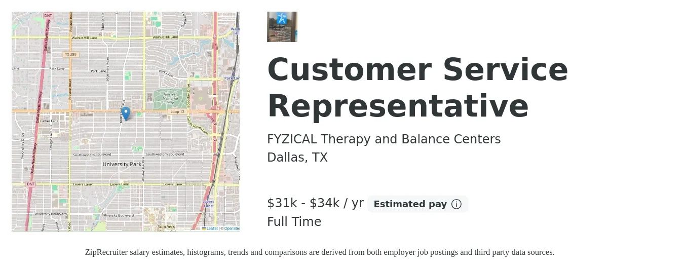 FYZICAL Therapy and Balance Centers job posting for a Customer Service Representative in Dallas, TX with a salary of $31,000 to $34,000 Yearly with a map of Dallas location.