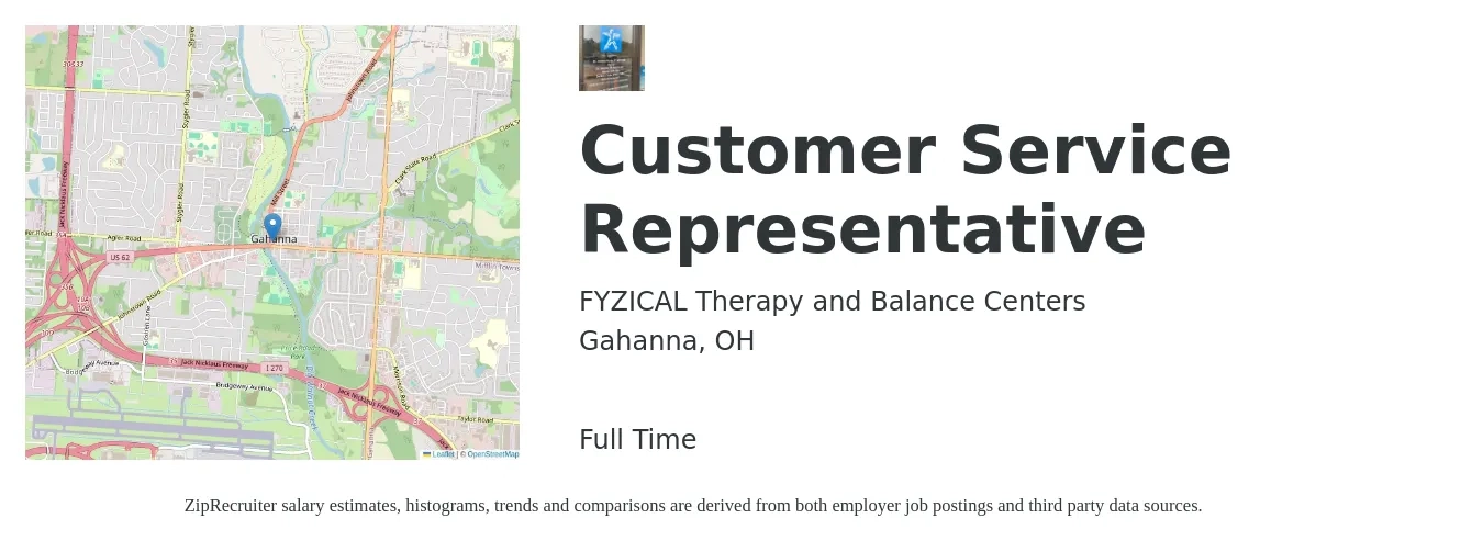 FYZICAL Therapy and Balance Centers job posting for a Customer Service Representative in Gahanna, OH with a salary of $15 to $20 Hourly with a map of Gahanna location.