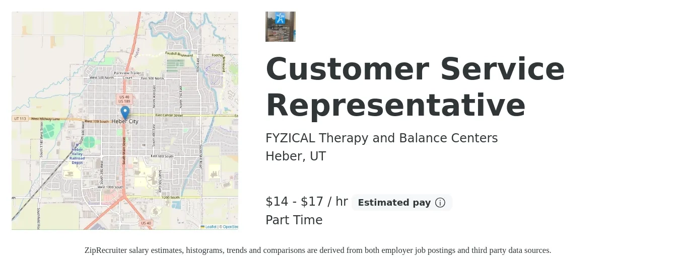 FYZICAL Therapy and Balance Centers job posting for a Customer Service Representative in Heber, UT with a salary of $15 to $18 Hourly with a map of Heber location.