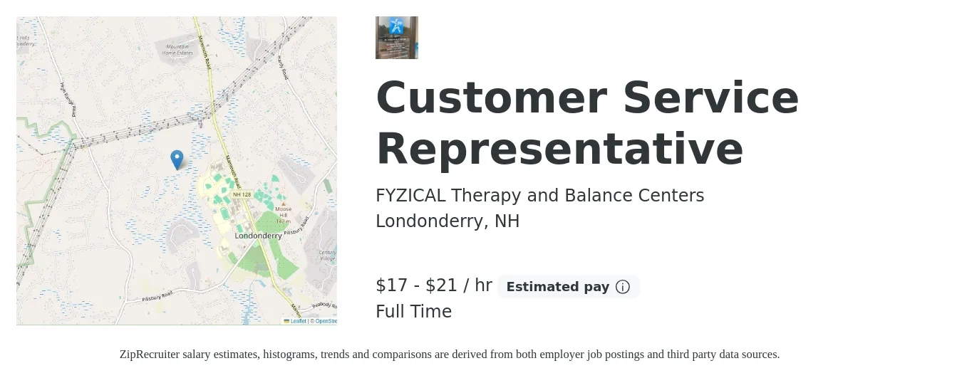 FYZICAL Therapy and Balance Centers job posting for a Customer Service Representative in Londonderry, NH with a salary of $18 to $22 Hourly with a map of Londonderry location.