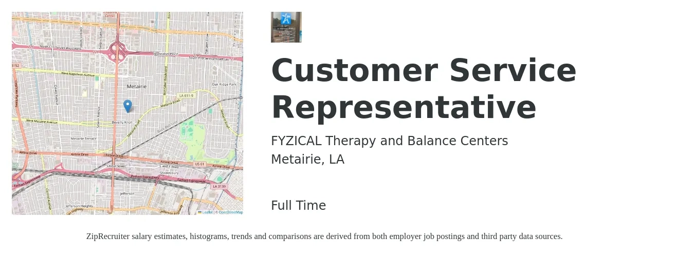 FYZICAL Therapy and Balance Centers job posting for a Customer Service Representative in Metairie, LA with a salary of $15 to $20 Hourly with a map of Metairie location.