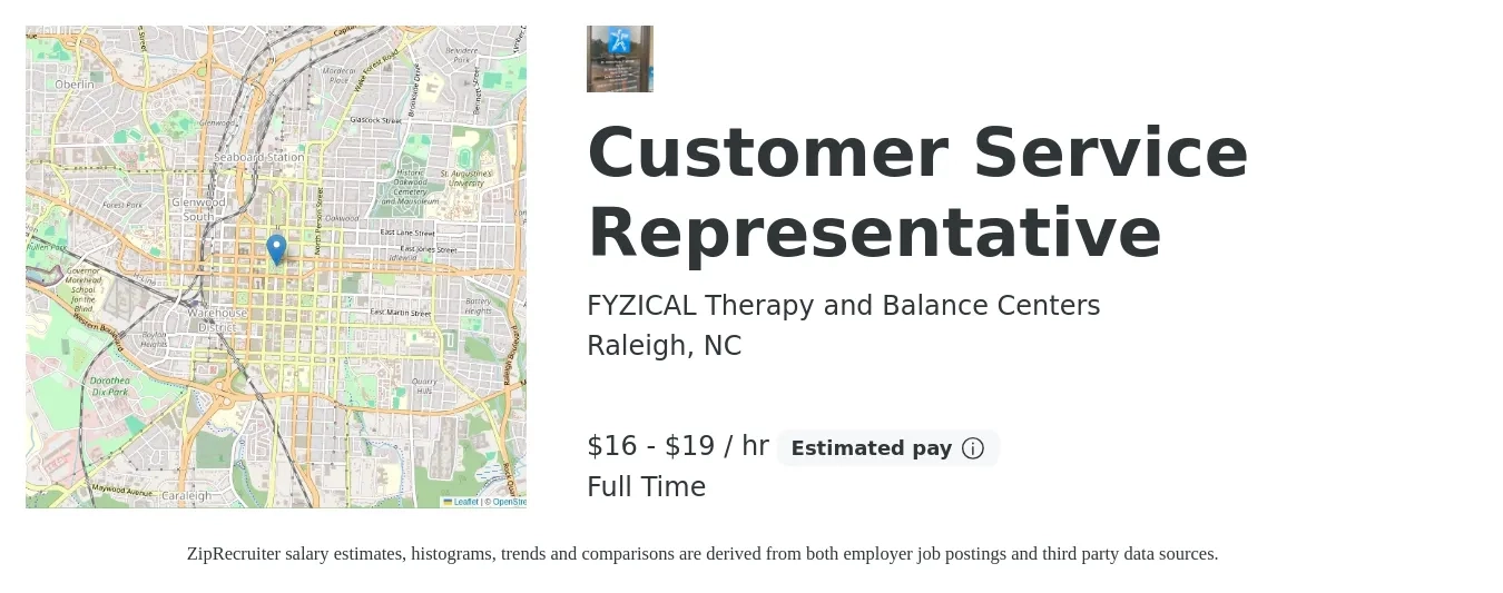 FYZICAL Therapy and Balance Centers job posting for a Customer Service Representative in Raleigh, NC with a salary of $17 to $20 Hourly with a map of Raleigh location.
