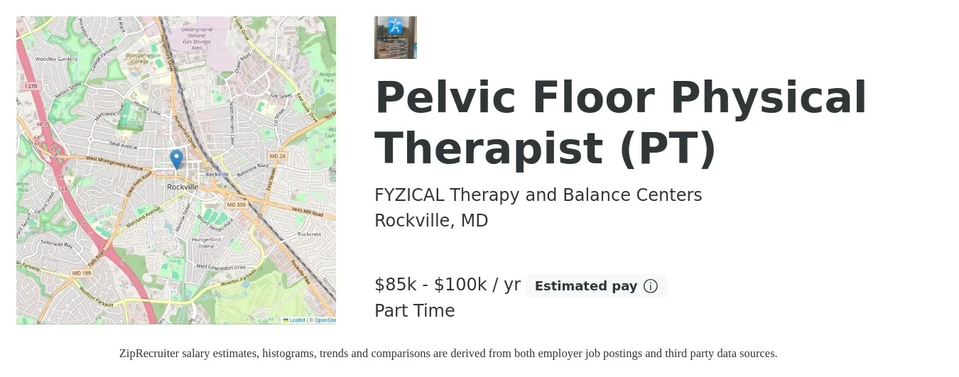 FYZICAL Therapy and Balance Centers job posting for a Pelvic Floor Physical Therapist (PT) in Rockville, MD with a salary of $85,000 to $100,000 Yearly with a map of Rockville location.