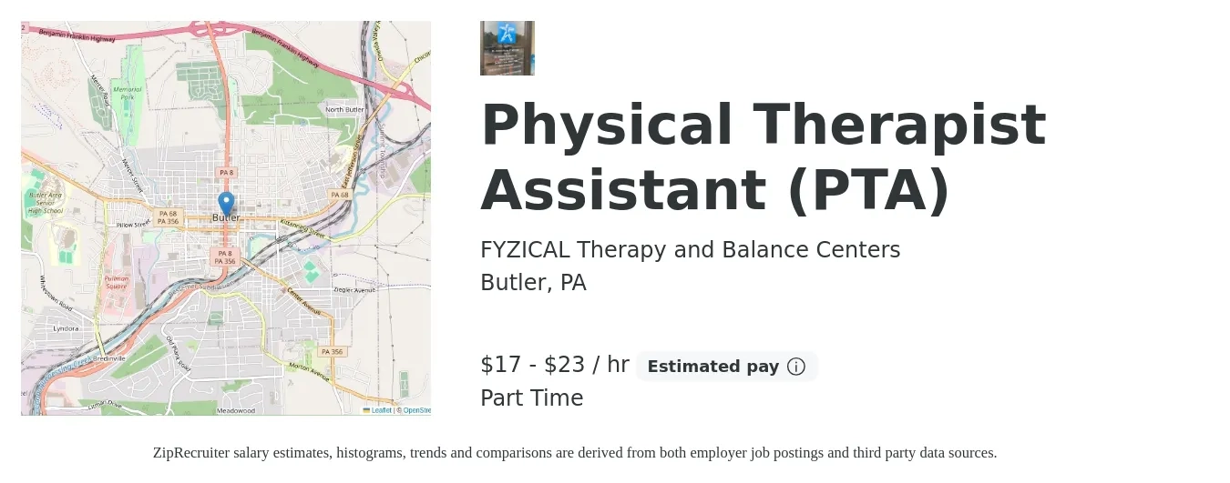 FYZICAL Therapy and Balance Centers job posting for a Physical Therapist Assistant (PTA) in Butler, PA with a salary of $18 to $24 Hourly with a map of Butler location.