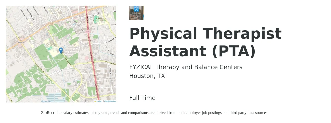 FYZICAL Therapy and Balance Centers job posting for a Physical Therapist Assistant (PTA) in Houston, TX with a salary of $65,000 to $75,000 Yearly with a map of Houston location.