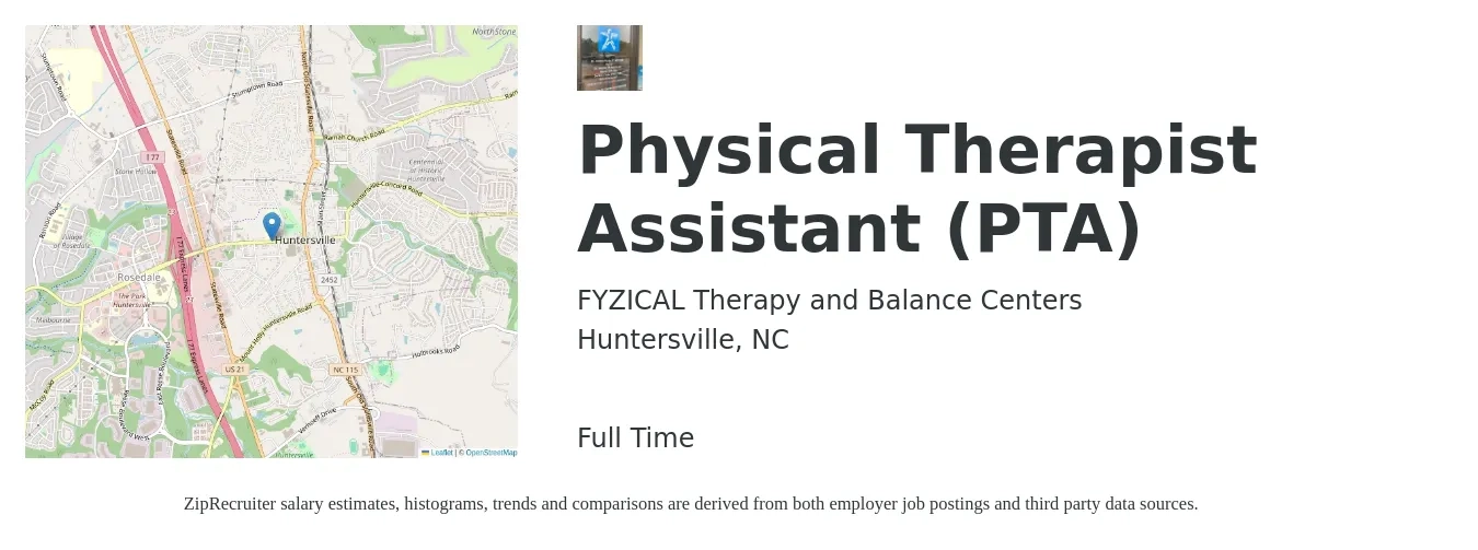 FYZICAL Therapy and Balance Centers job posting for a Physical Therapist Assistant (PTA) in Huntersville, NC with a salary of $26 to $35 Hourly with a map of Huntersville location.