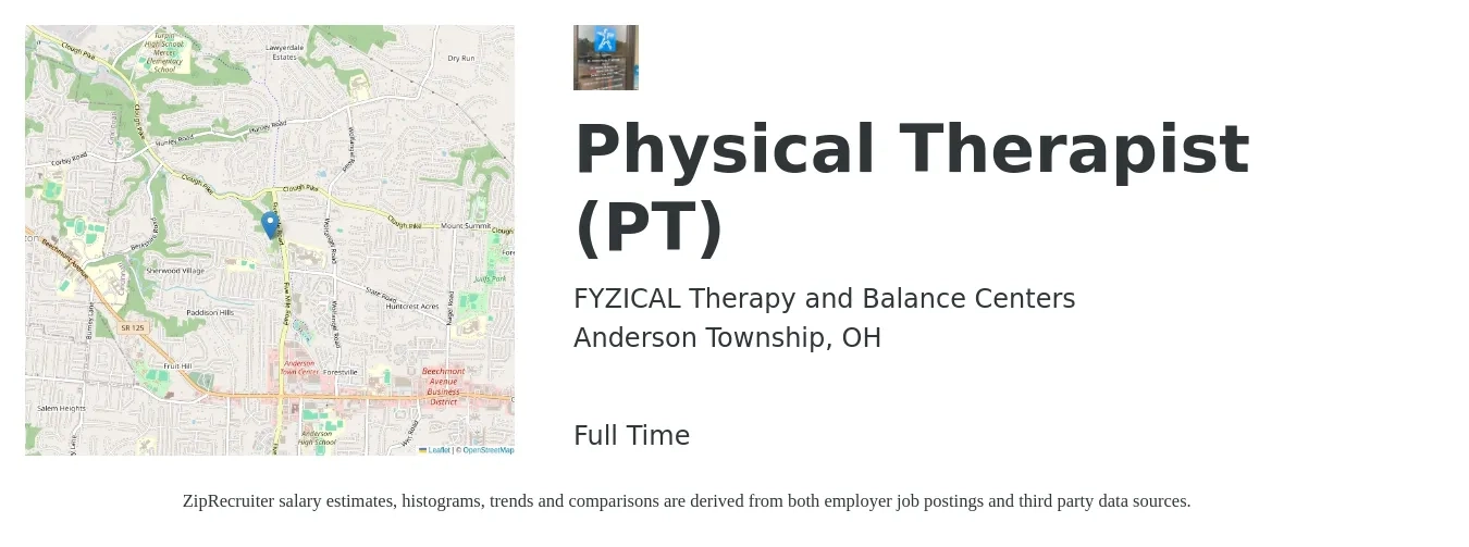 FYZICAL Therapy and Balance Centers job posting for a Physical Therapist (PT) in Anderson Township, OH with a salary of $1,560 to $2,020 Weekly with a map of Anderson Township location.
