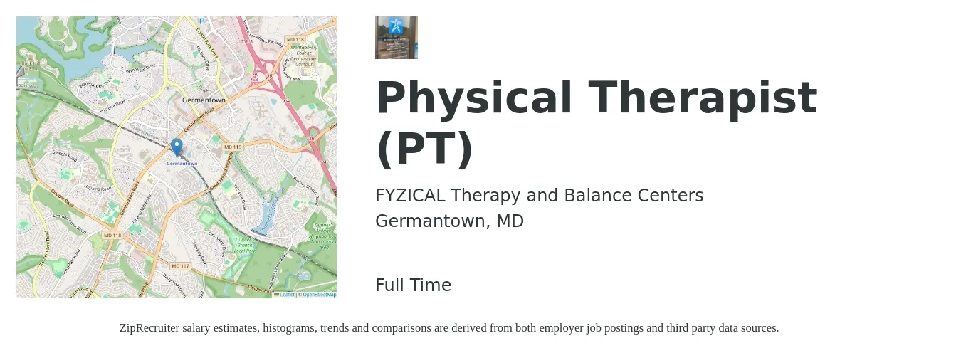 FYZICAL Therapy and Balance Centers job posting for a Physical Therapist (PT) in Germantown, MD with a salary of $1,680 to $2,170 Weekly with a map of Germantown location.