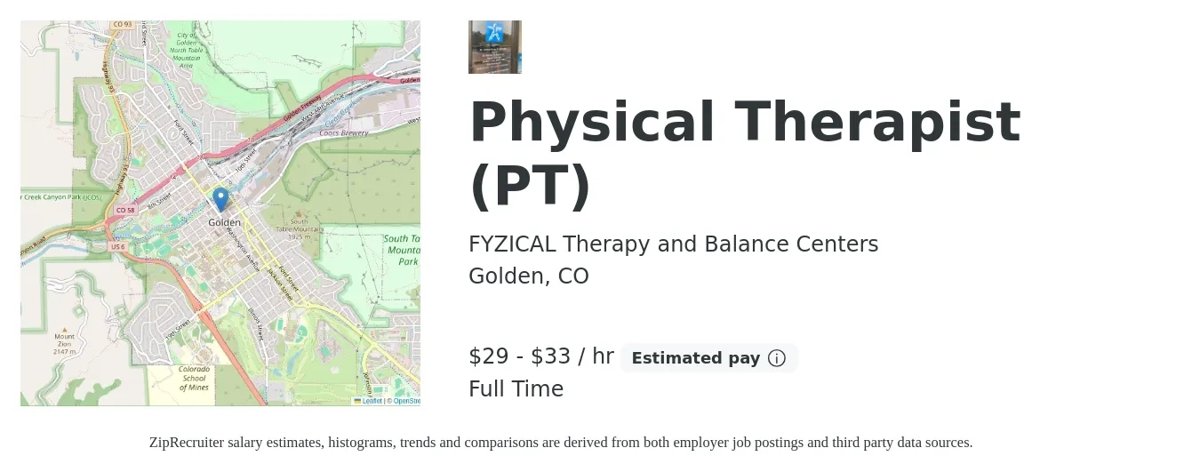 FYZICAL Therapy and Balance Centers job posting for a Physical Therapist (PT) in Golden, CO with a salary of $30 to $35 Hourly with a map of Golden location.