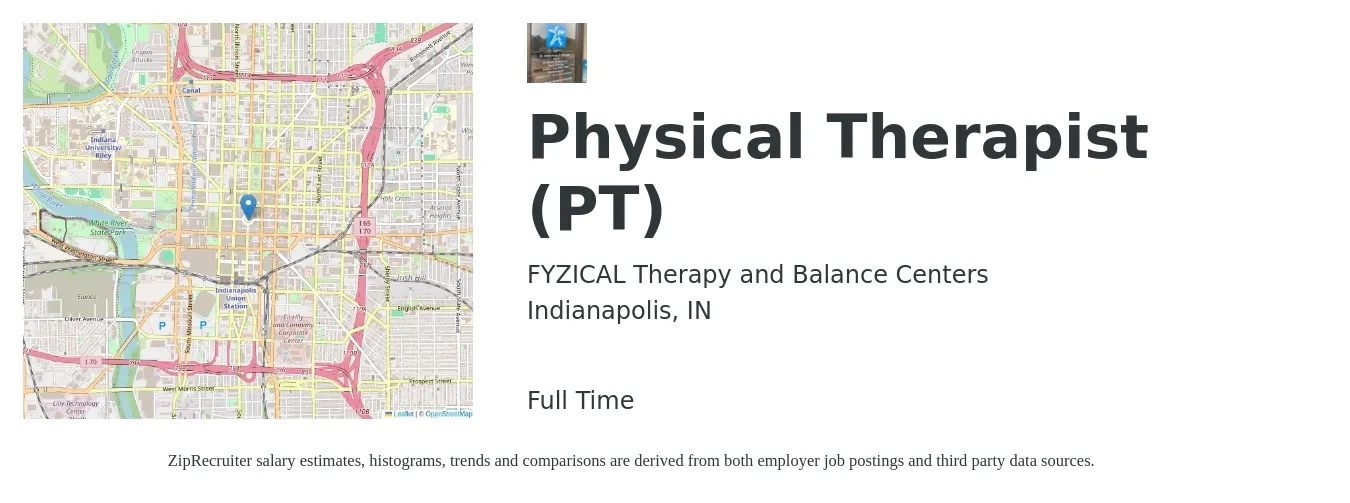 FYZICAL Therapy and Balance Centers job posting for a Physical Therapist (PT) in Indianapolis, IN with a salary of $1,590 to $2,060 Weekly with a map of Indianapolis location.