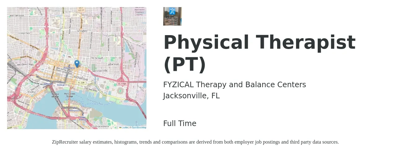 FYZICAL Therapy and Balance Centers job posting for a Physical Therapist (PT) in Jacksonville, FL with a salary of $1,540 to $1,990 Weekly with a map of Jacksonville location.