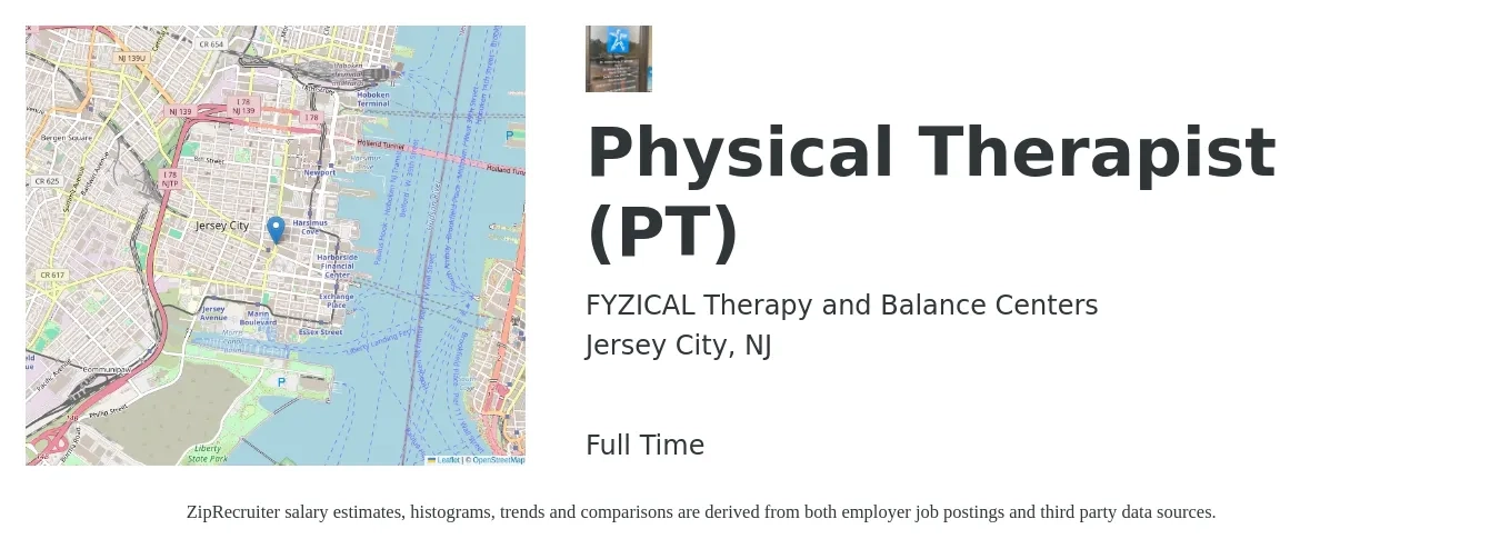 FYZICAL Therapy and Balance Centers job posting for a Physical Therapist (PT) in Jersey City, NJ with a salary of $1,730 to $2,240 Weekly with a map of Jersey City location.
