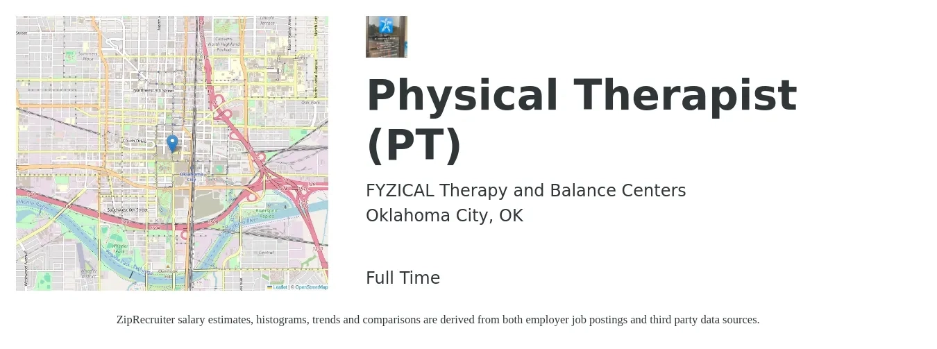 FYZICAL Therapy and Balance Centers job posting for a Physical Therapist (PT) in Oklahoma City, OK with a salary of $1,540 to $2,000 Weekly with a map of Oklahoma City location.