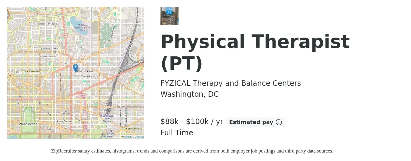 FYZICAL Therapy and Balance Centers job posting for a Physical Therapist (PT) in Washington, DC with a salary of $94,000 to $100,000 Yearly with a map of Washington location.