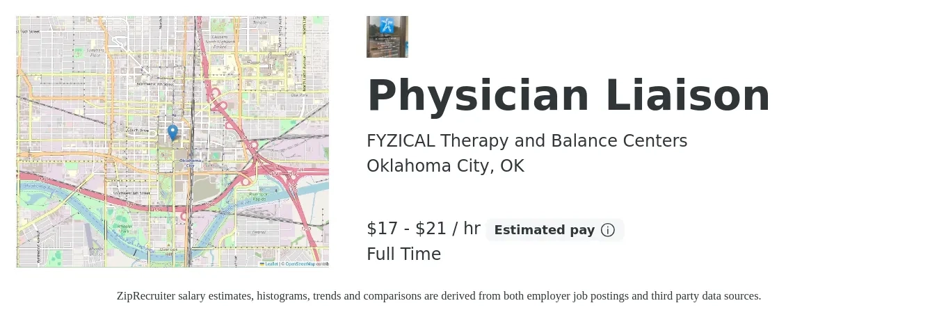 FYZICAL Therapy and Balance Centers job posting for a Physician Liaison in Oklahoma City, OK with a salary of $18 to $22 Hourly with a map of Oklahoma City location.