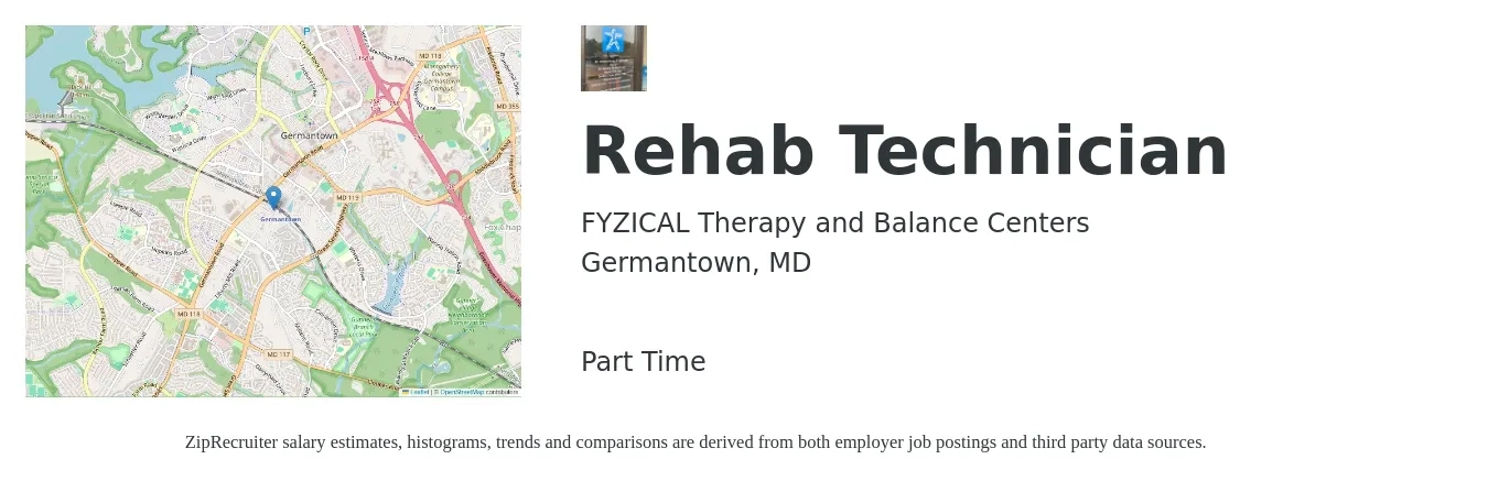 FYZICAL Therapy and Balance Centers job posting for a Rehab Technician in Germantown, MD with a salary of $15 to $21 Hourly with a map of Germantown location.