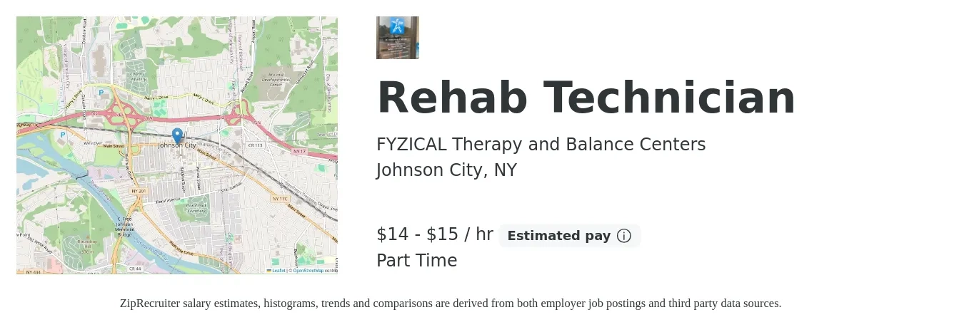 FYZICAL Therapy and Balance Centers job posting for a Rehab Technician in Johnson City, NY with a salary of $16 to $16 Hourly with a map of Johnson City location.