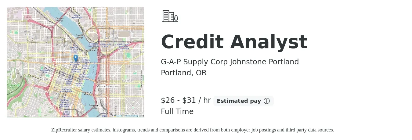 G-A-P Supply Corp Johnstone Portland job posting for a Credit Analyst in Portland, OR with a salary of $28 to $33 Hourly with a map of Portland location.
