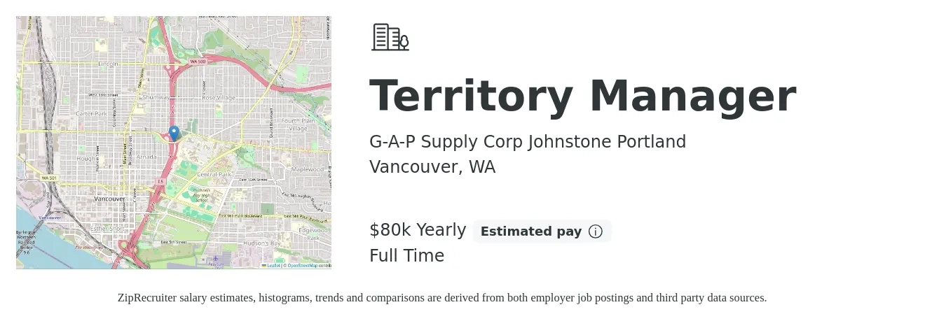 G-A-P Supply Corp Johnstone Portland job posting for a Territory Manager in Vancouver, WA with a salary of $80,000 Yearly with a map of Vancouver location.