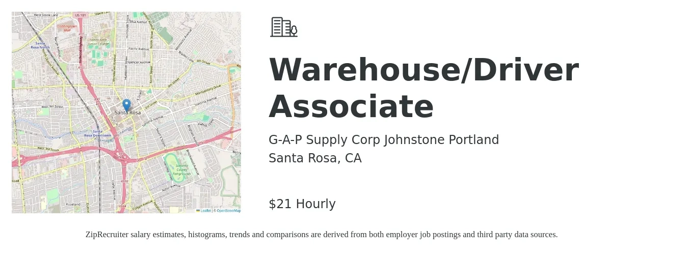 G-A-P Supply Corp Johnstone Portland job posting for a Warehouse/Driver Associate in Santa Rosa, CA with a salary of $22 Hourly with a map of Santa Rosa location.