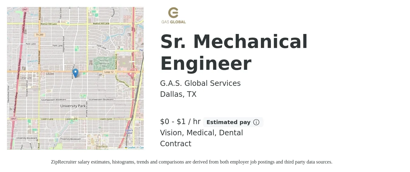 G.A.S. Global Services job posting for a Sr. Mechanical Engineer in Dallas, TX with a salary of $1 to $2 Hourly and benefits including dental, medical, and vision with a map of Dallas location.