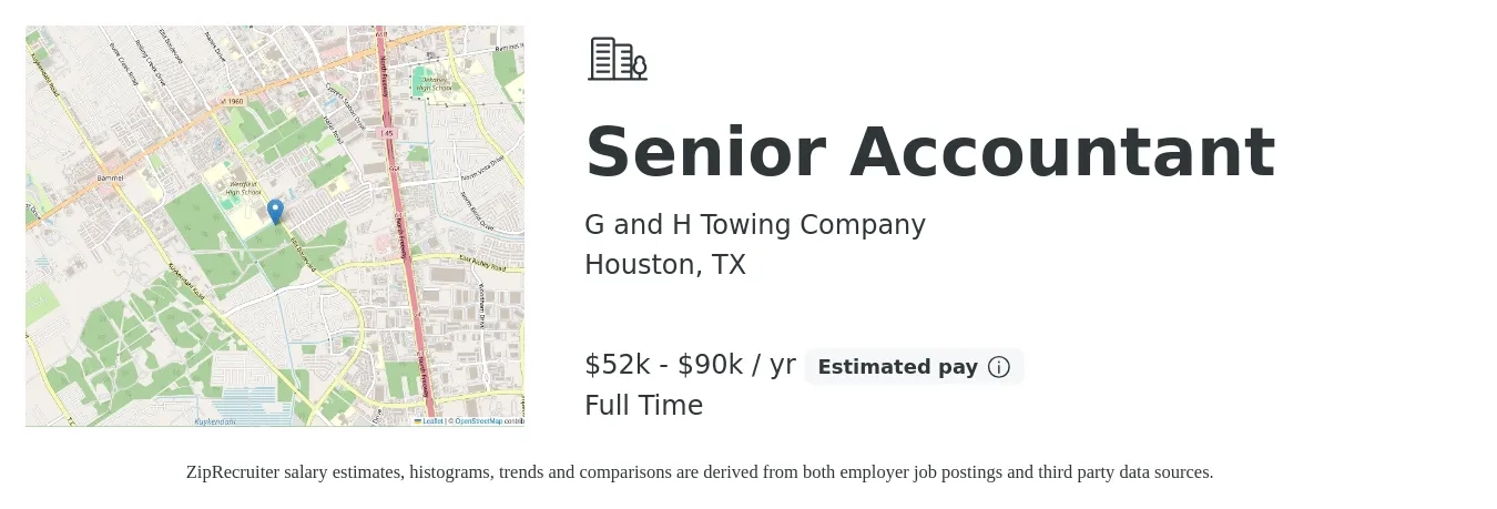 G and H Towing Company job posting for a Senior Accountant in Houston, TX with a salary of $52,300 to $90,000 Yearly with a map of Houston location.