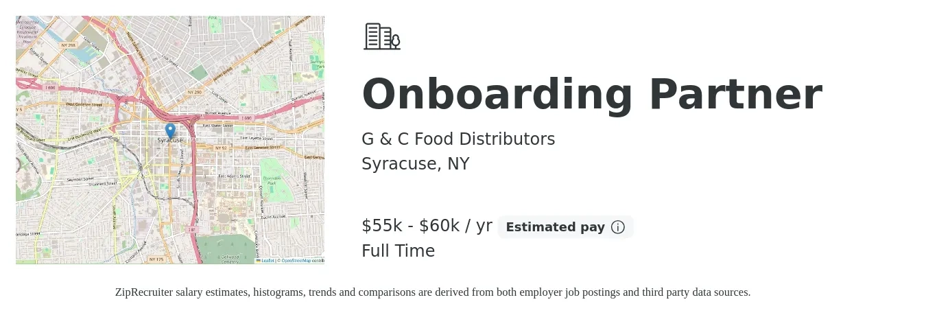G & C Food Distributors job posting for a Onboarding Partner in Syracuse, NY with a salary of $55,000 to $60,000 Yearly with a map of Syracuse location.