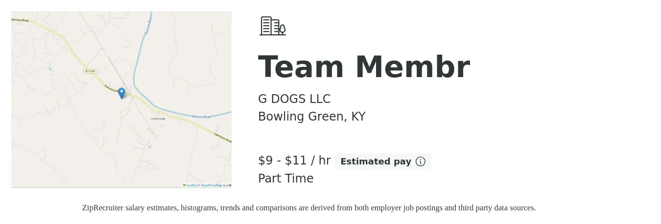 G DOGS LLC job posting for a Team Membr in Bowling Green, KY with a salary of $10 to $12 Hourly (plus commission) with a map of Bowling Green location.