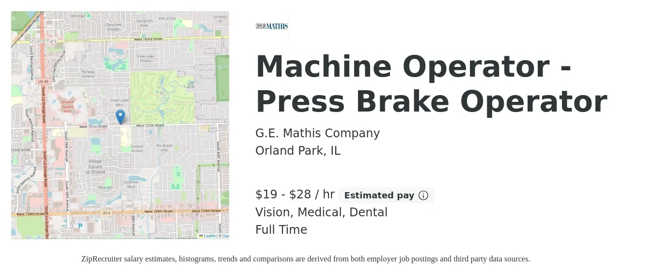G.E. Mathis Company job posting for a Machine Operator - Press Brake Operator in Orland Park, IL with a salary of $20 to $30 Hourly and benefits including medical, pto, retirement, vision, and dental with a map of Orland Park location.