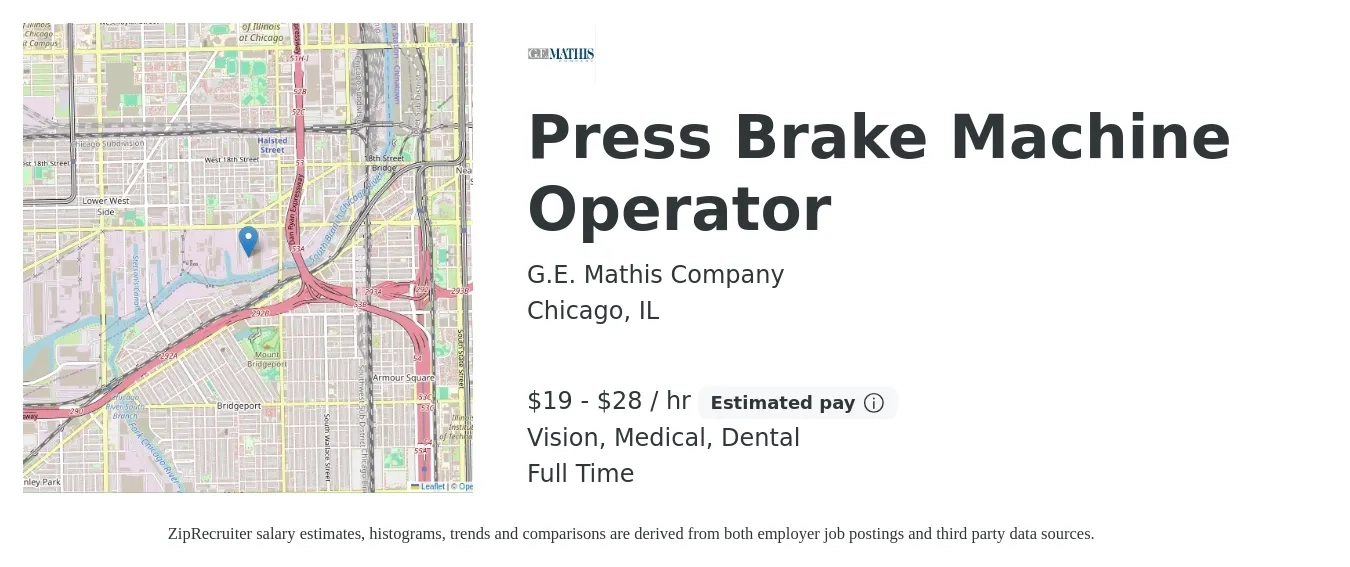 G.E. Mathis Company job posting for a Press Brake Machine Operator in Chicago, IL with a salary of $20 to $30 Hourly and benefits including pto, retirement, vision, dental, and medical with a map of Chicago location.