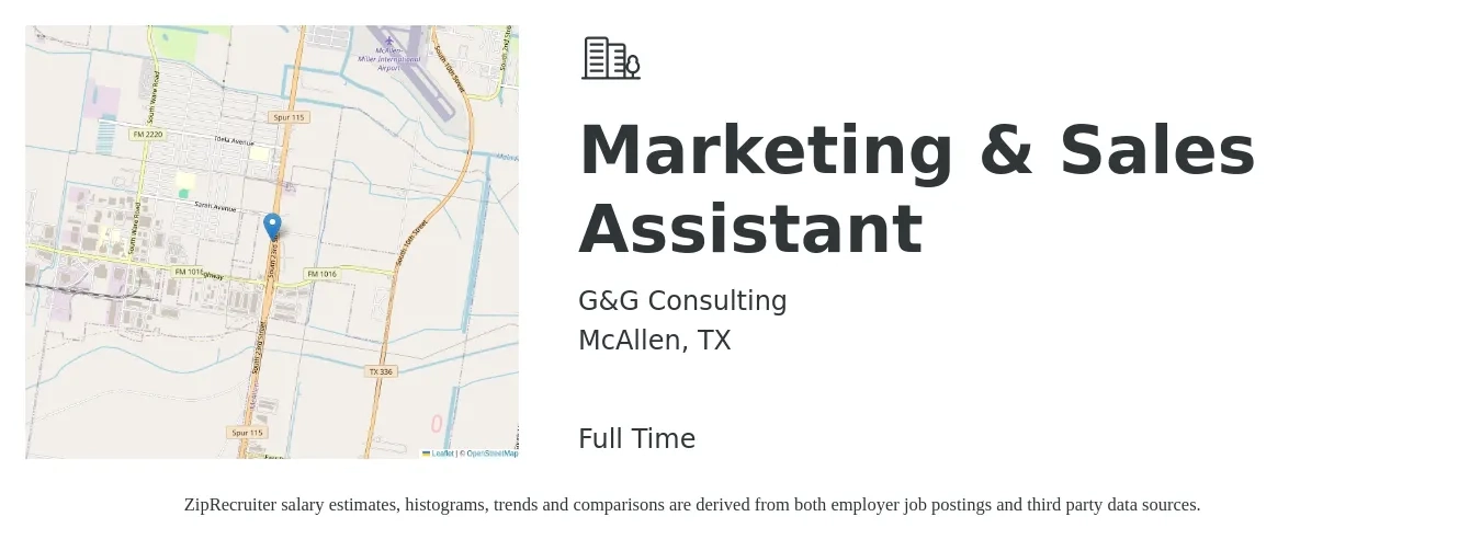 G&G Consulting job posting for a Marketing & Sales Assistant in McAllen, TX with a salary of $31,900 to $39,300 Yearly with a map of McAllen location.