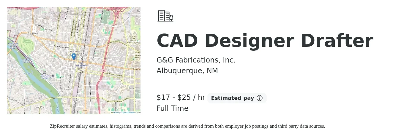 G&G Fabrications, Inc. job posting for a CAD Designer Drafter in Albuquerque, NM with a salary of $18 to $27 Hourly with a map of Albuquerque location.