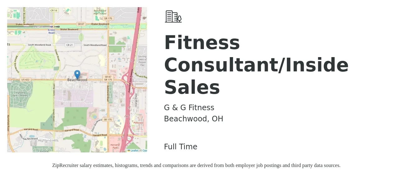 G & G Fitness job posting for a Fitness Consultant/Inside Sales in Beachwood, OH with a salary of $13 to $18 Hourly with a map of Beachwood location.