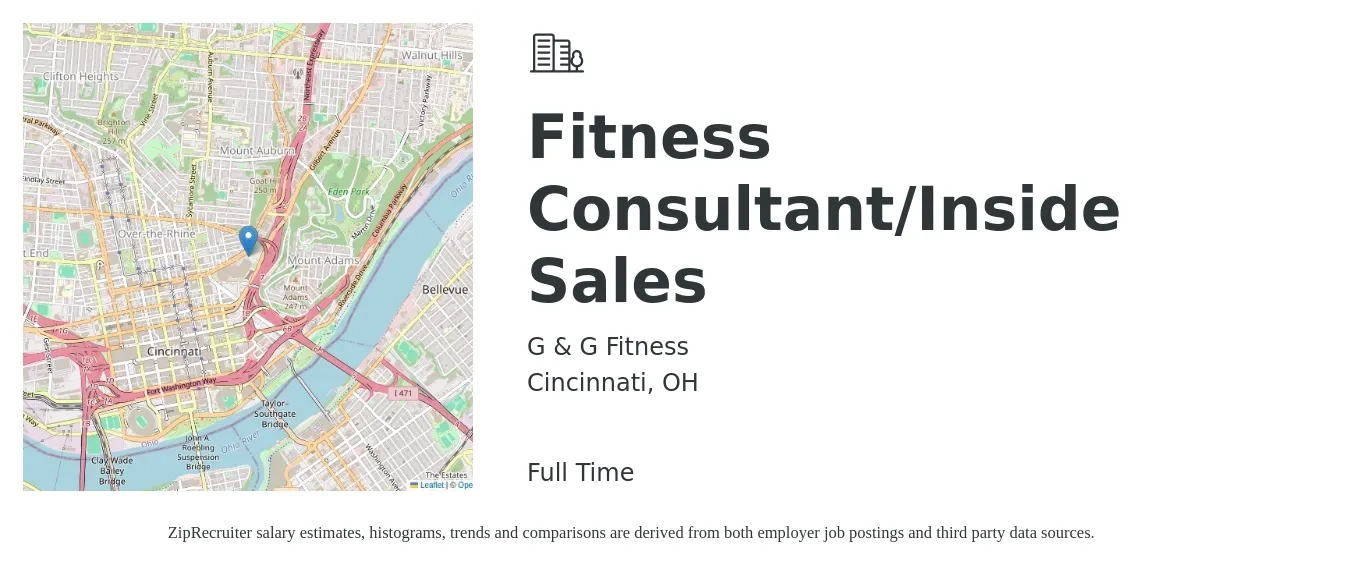 G & G Fitness job posting for a Fitness Consultant/Inside Sales in Cincinnati, OH with a salary of $13 to $18 Hourly with a map of Cincinnati location.