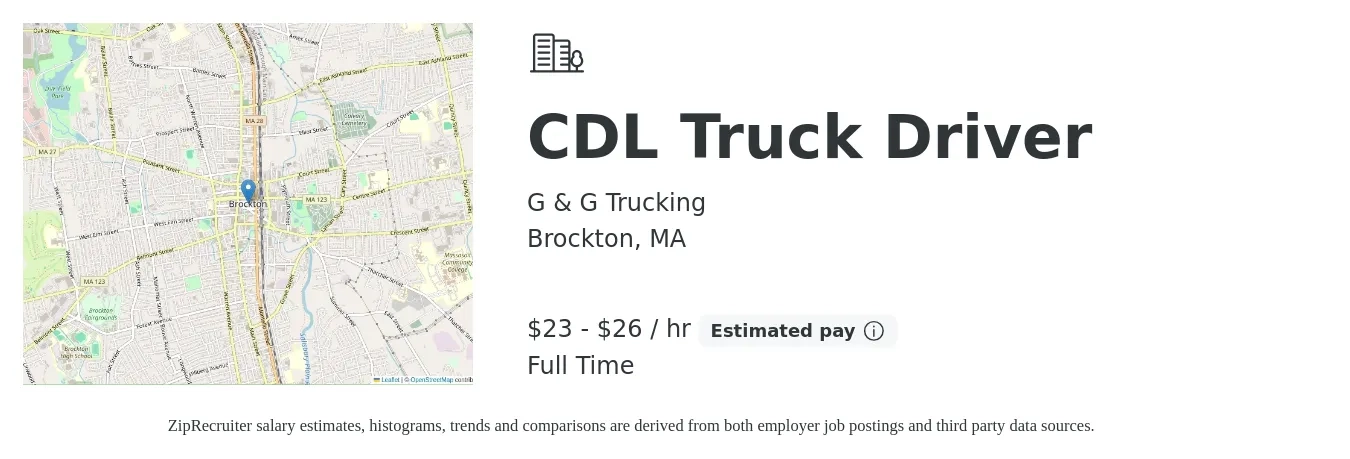 G & G Trucking job posting for a CDL Truck Driver in Brockton, MA with a salary of $24 to $28 Hourly with a map of Brockton location.