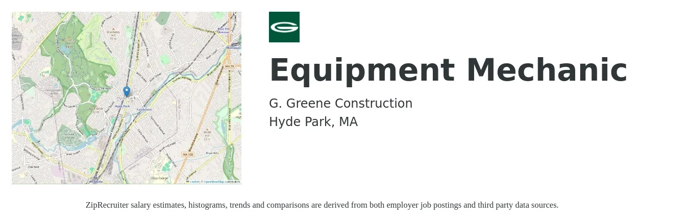 G. Greene Construction job posting for a Equipment Mechanic in Hyde Park, MA with a salary of $24 to $32 Hourly with a map of Hyde Park location.