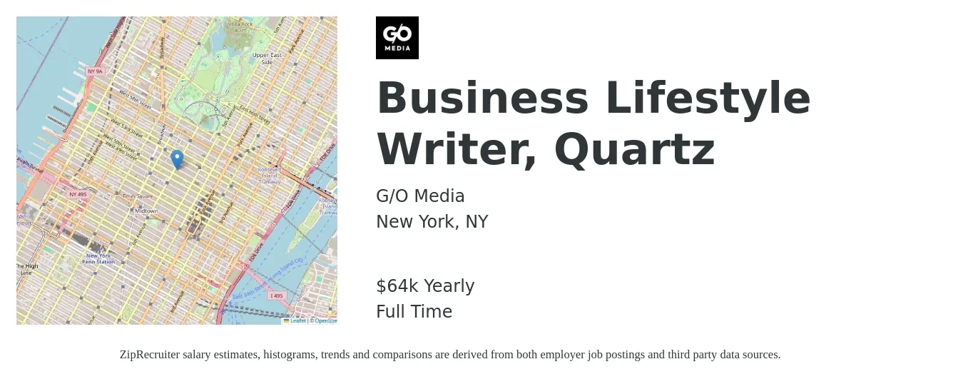 G/O Media job posting for a Business Lifestyle Writer, Quartz in New York, NY with a salary of $64,000 to $65,000 Yearly with a map of New York location.