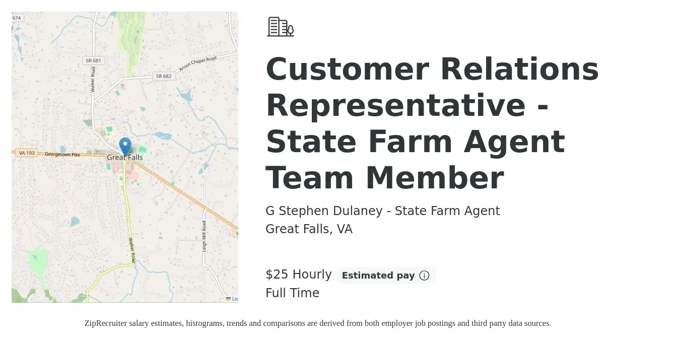 G Stephen Dulaney - State Farm Agent job posting for a Customer Relations Representative - State Farm Agent Team Member in Great Falls, VA with a salary of $27 Hourly with a map of Great Falls location.