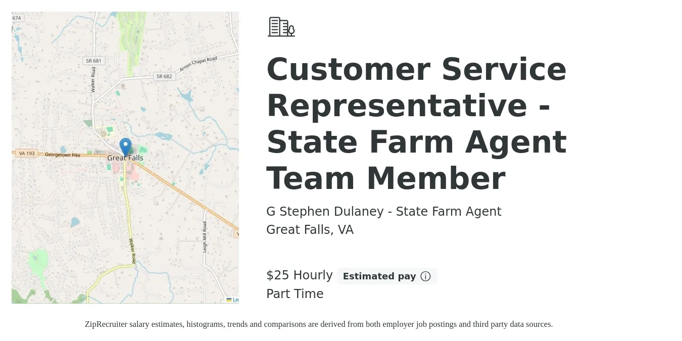 G Stephen Dulaney - State Farm Agent job posting for a Customer Service Representative - State Farm Agent Team Member in Great Falls, VA with a salary of $27 Hourly with a map of Great Falls location.