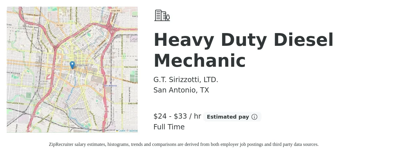 G.T. Sirizzotti, LTD. job posting for a Heavy Duty Diesel Mechanic in San Antonio, TX with a salary of $25 to $35 Hourly with a map of San Antonio location.