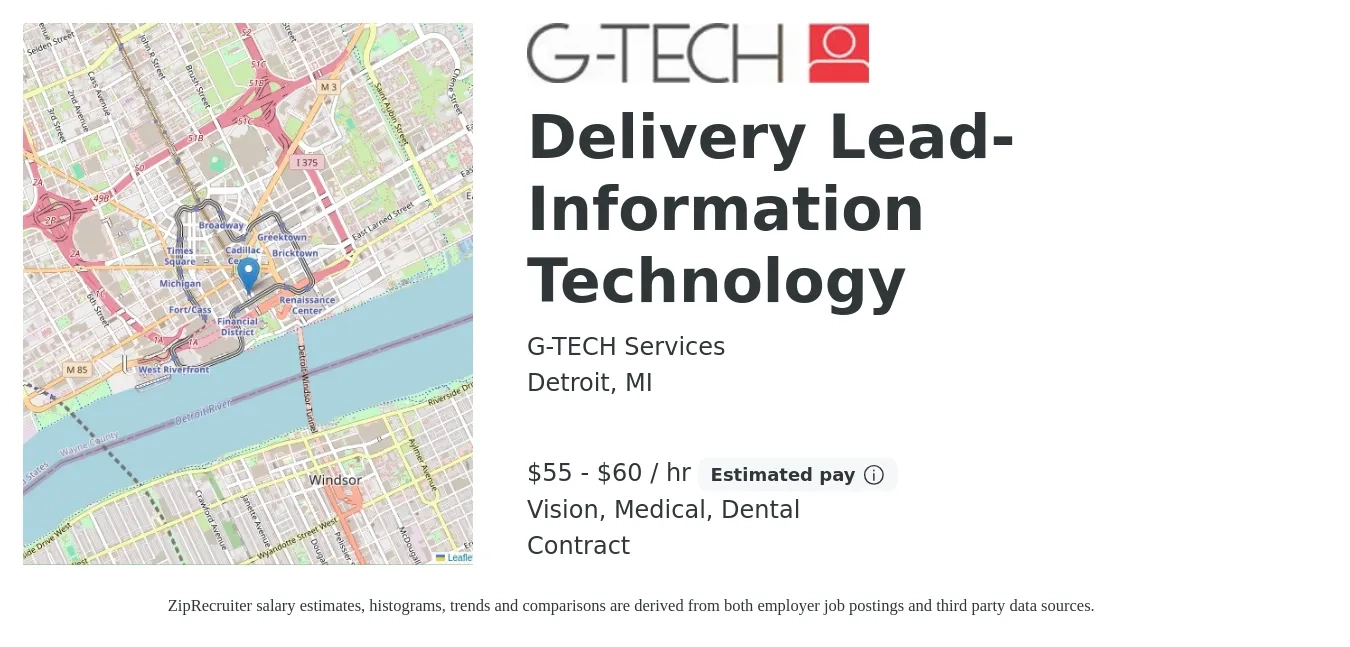 G-TECH Services job posting for a Delivery Lead- Information Technology in Detroit, MI with a salary of $58 to $63 Hourly and benefits including dental, life_insurance, medical, retirement, and vision with a map of Detroit location.