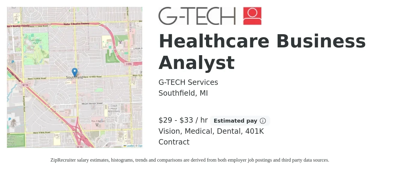G-TECH Services job posting for a Healthcare Business Analyst in Southfield, MI with a salary of $31 to $35 Hourly and benefits including medical, vision, 401k, dental, and life_insurance with a map of Southfield location.