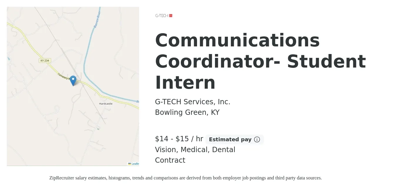 G-TECH Services, Inc. job posting for a Communications Coordinator- Student Intern in Bowling Green, KY with a salary of $15 to $16 Hourly and benefits including retirement, vision, dental, life_insurance, and medical with a map of Bowling Green location.