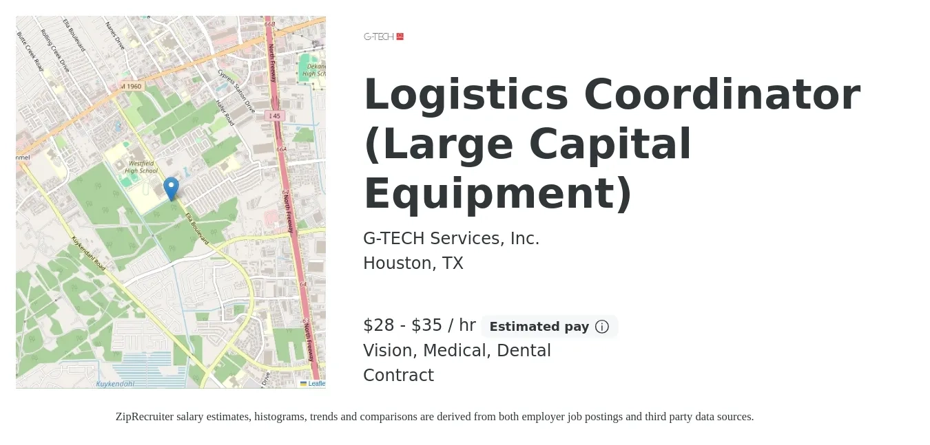 G-TECH Services, Inc. job posting for a Logistics Coordinator (Large Capital Equipment) in Houston, TX with a salary of $30 to $37 Hourly and benefits including dental, life_insurance, medical, retirement, and vision with a map of Houston location.