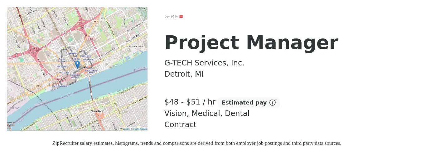 G-TECH Services, Inc. job posting for a Project Manager in Detroit, MI with a salary of $50 to $54 Hourly and benefits including life_insurance, medical, pto, retirement, vision, and dental with a map of Detroit location.