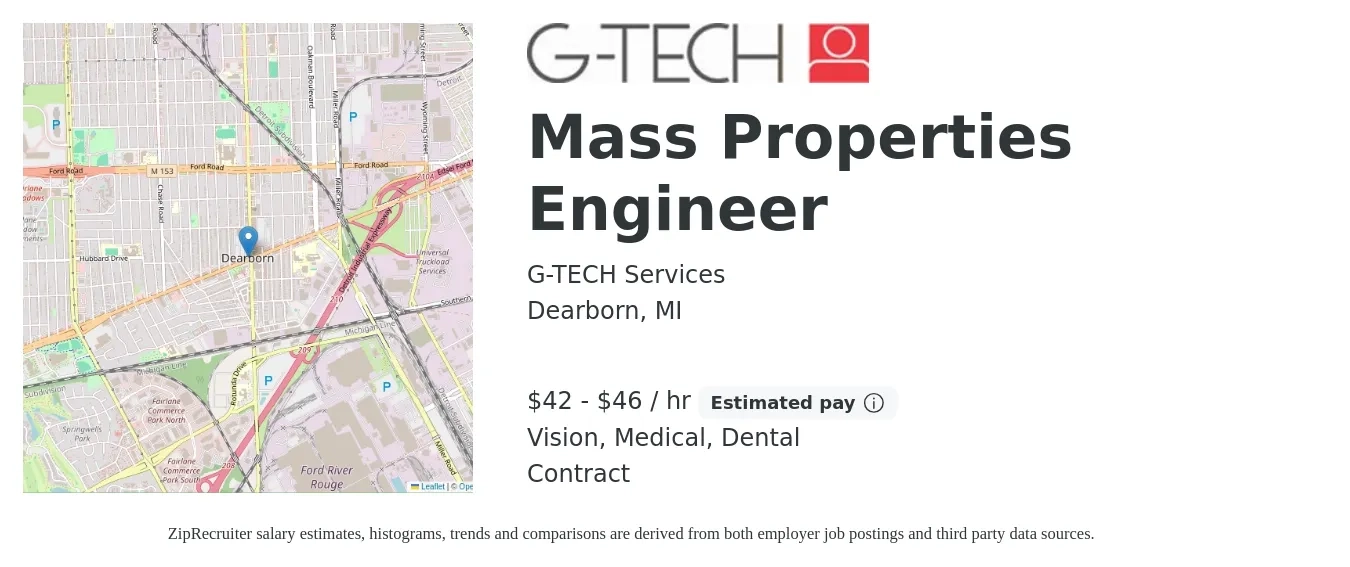 G-TECH Services job posting for a Mass Properties Engineer in Dearborn, MI with a salary of $44 to $48 Hourly and benefits including dental, life_insurance, medical, retirement, and vision with a map of Dearborn location.